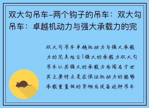 双大勾吊车-两个钩子的吊车：双大勾吊车：卓越机动力与强大承载力的完美结合